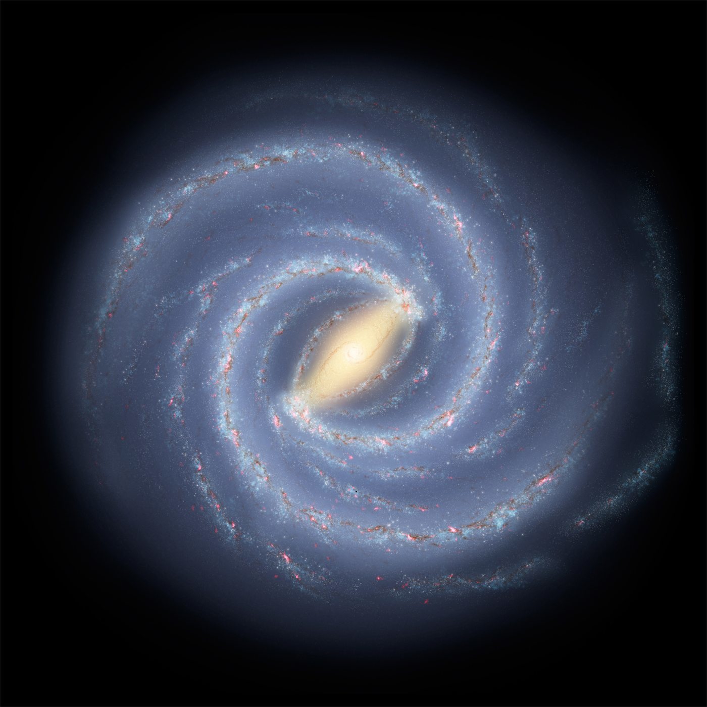 Earth represented as a tiny dot in the Milky Way galaxy